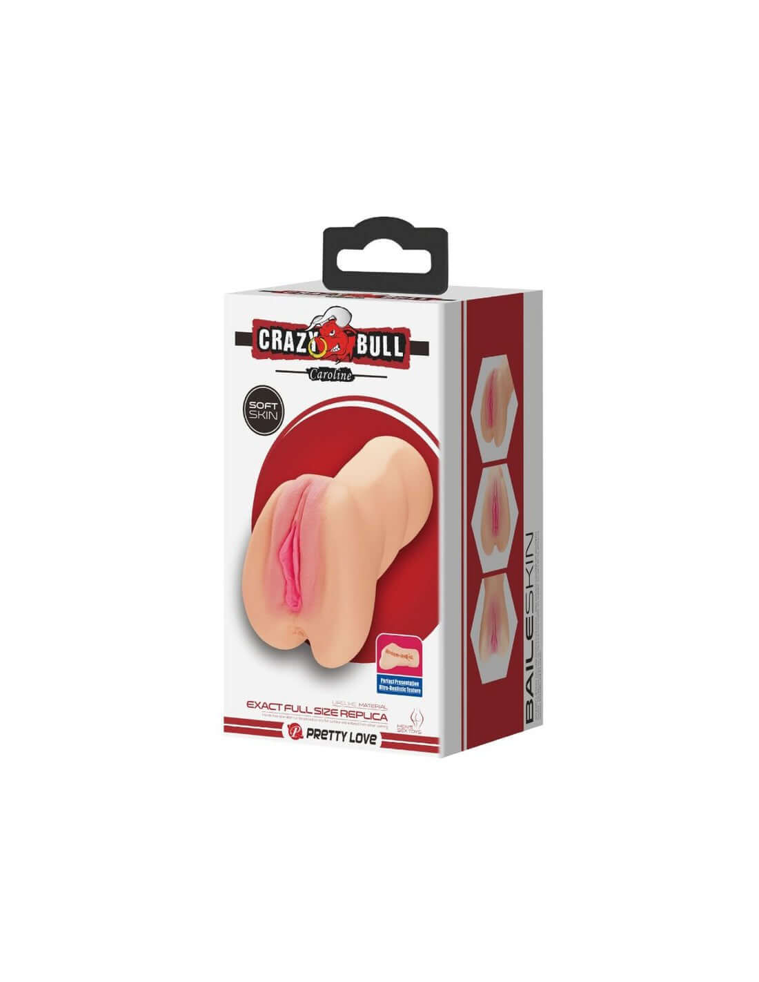 Crazy Bull Realistic Vagina Masturbator with hand-painted details and ribbed tunnel in product packaging.