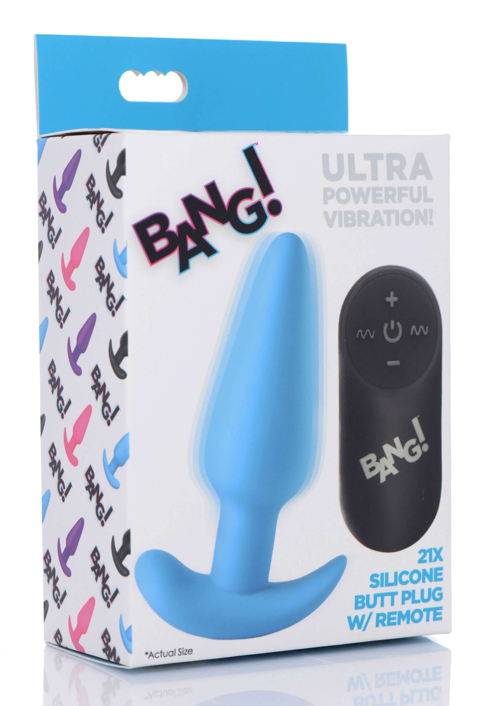 Bang 21 X Silicone Butt Plug With Remote Blue packaging featuring powerful vibration and remote control options.