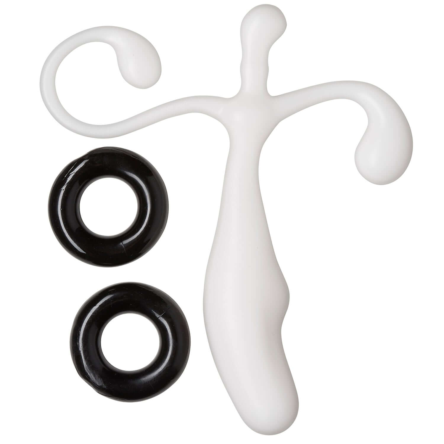 White prostate stimulator kit with black rings, featuring smooth finish and ergonomic design for enhanced prostate stimulation.