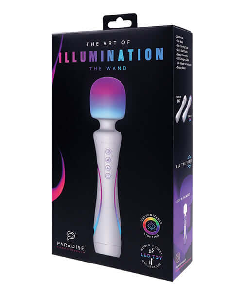 Illumination THE Wand Massager White packaging featuring LED controls and elegant design.