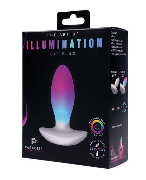 Illumination THE Plug Vibrator White packaging showcasing customizable LED lights and advanced features.