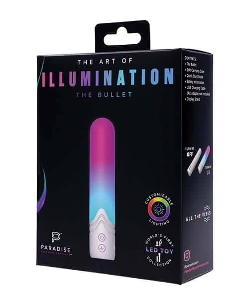 Illumination THE Bullet Vibrator White packaging showcasing its elegant design and customizable LED features.