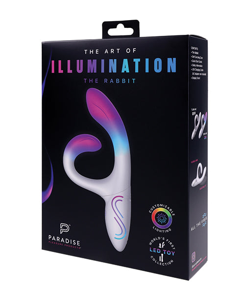Illumination THE Rabbit Vibrator White packaging featuring customizable LED lighting and sleek design.