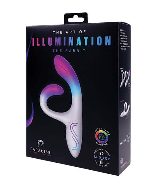 Illumination THE Rabbit Vibrator White packaging featuring customizable LED lighting and sleek design.