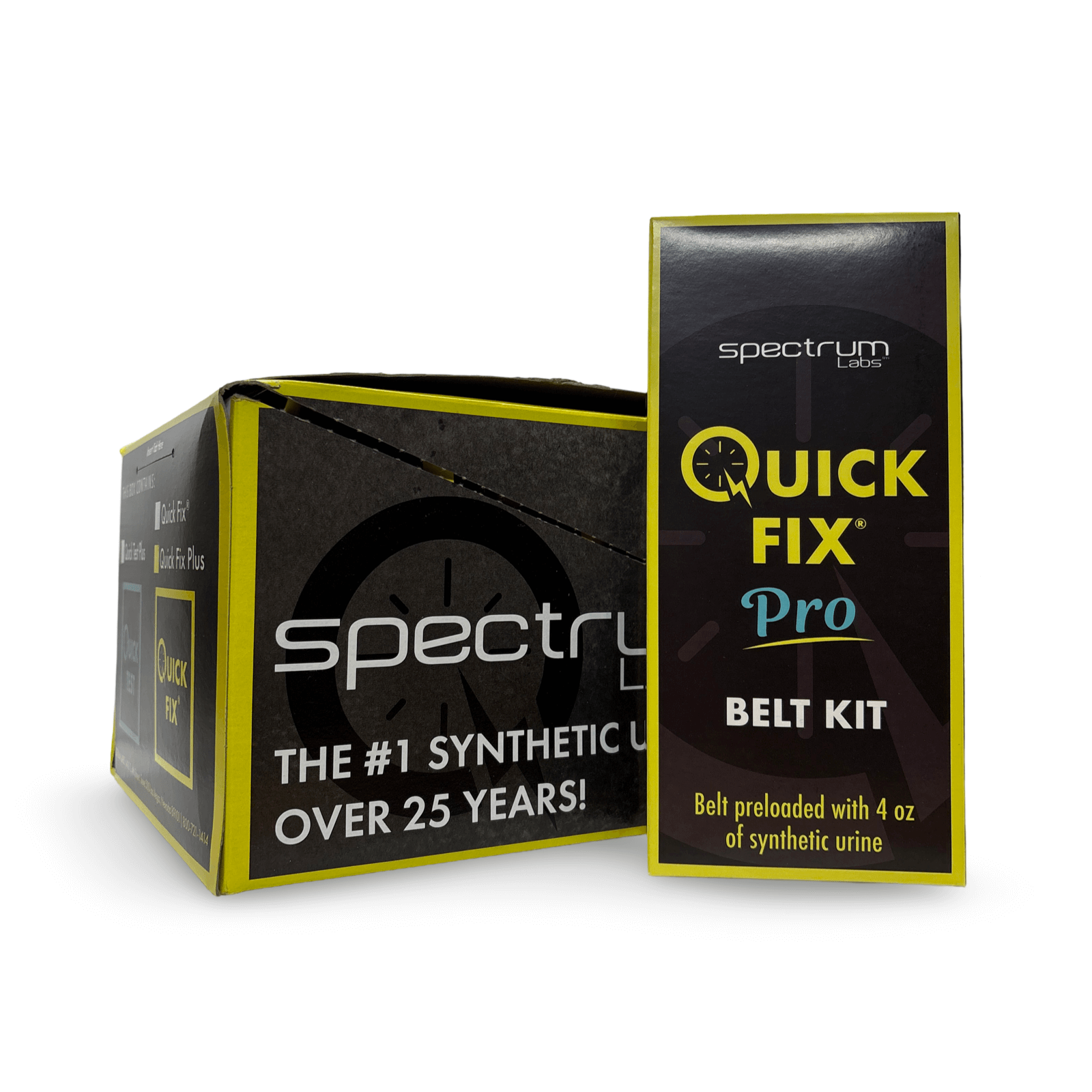 Packaging of Quick Fix Pro Belt Kit, featuring 4 oz. synthetic urine, perfect for discreet storage and use.