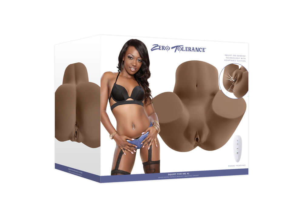 Squirt for Me XL Skyler Nicole Movie & Realistic Squirting Stroker Dark packaging design with a model showcasing the product.