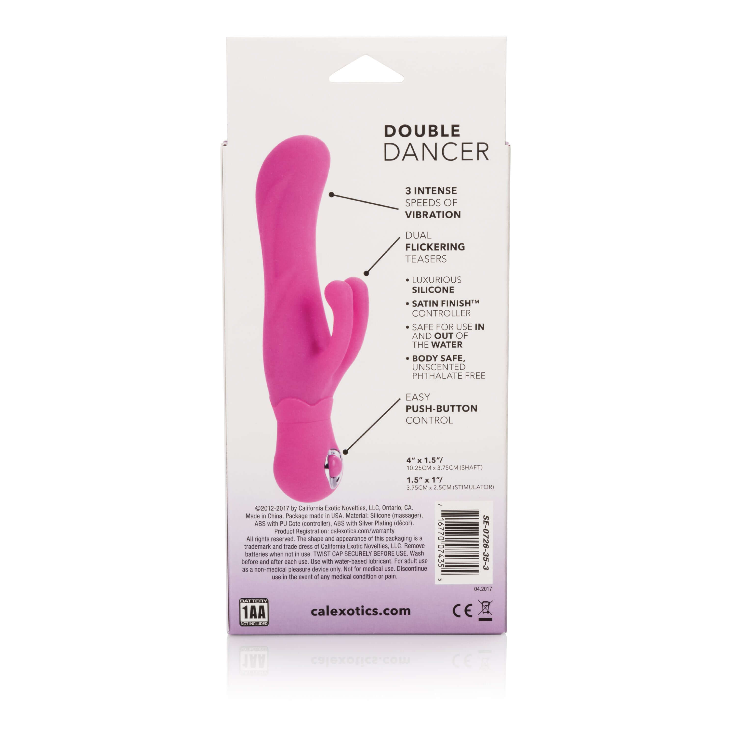 Posh Silicone Double Dancer Vibrator Pink packaging showing features and specifications including dual stimulation capabilities.