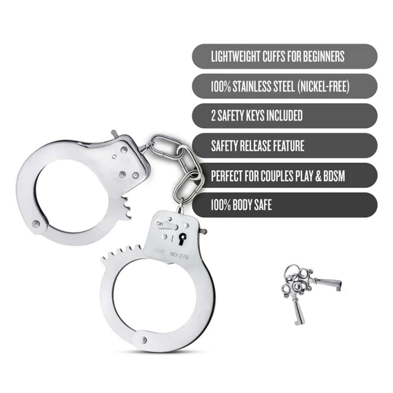 Temptasia Beginner Cuffs in silver with safety release lever and 2 matching keys for comfortable and stylish BDSM play. 100% body-safe stainless steel.