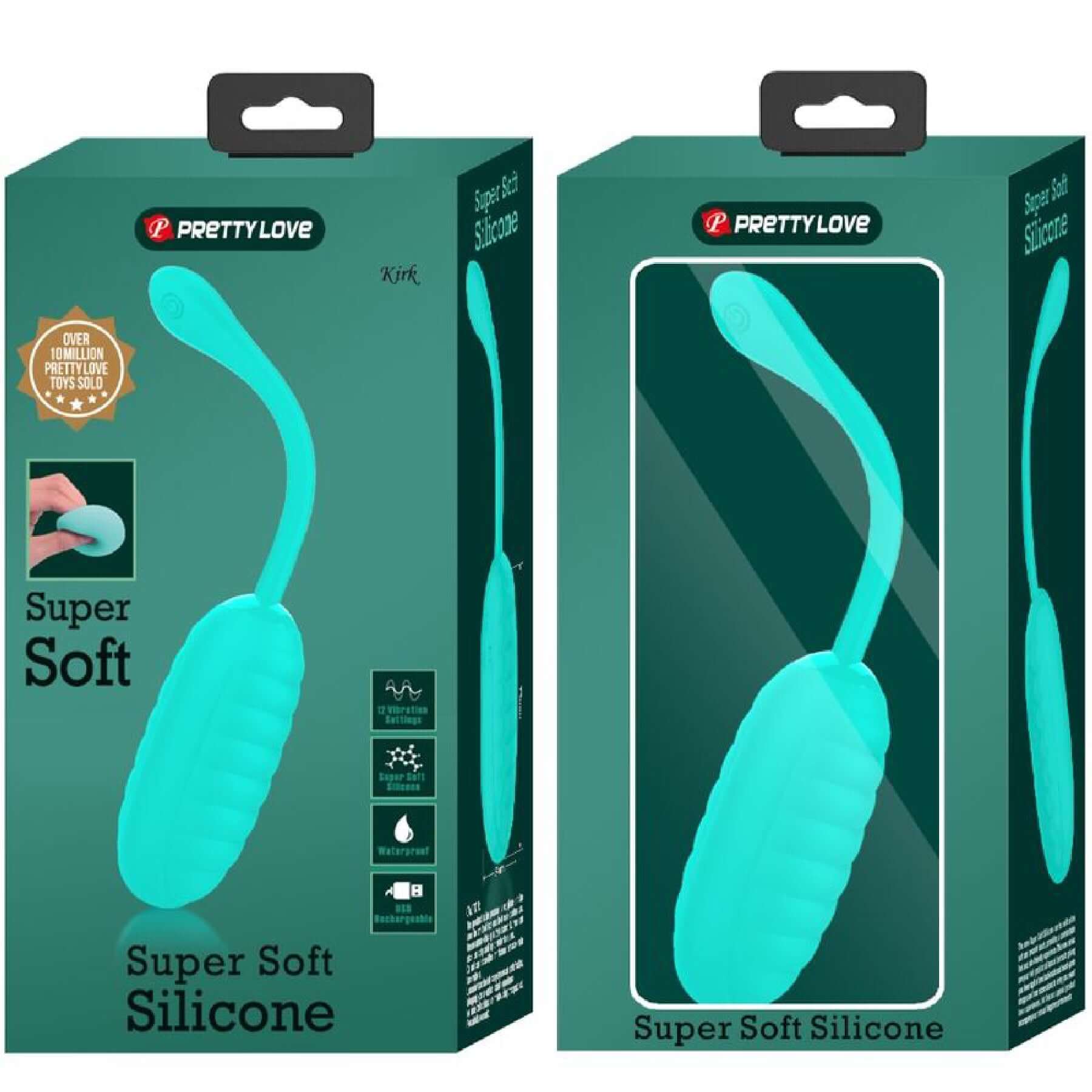 Turquoise Kirk Rechargeable Vibrating Egg in packaging, made of super soft silicone, perfect for discreet pleasure and precise stimulation.