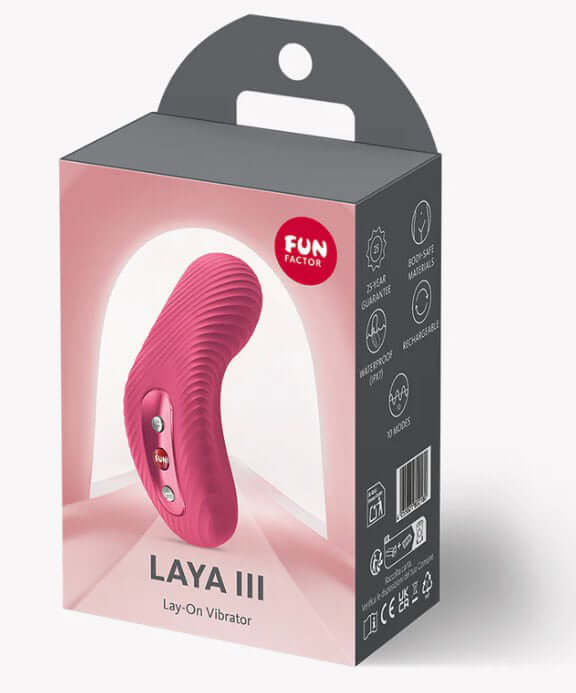 Fun Factory Laya III Lay-on Vibrator Magenta packaging showcasing its ergonomic design and features.