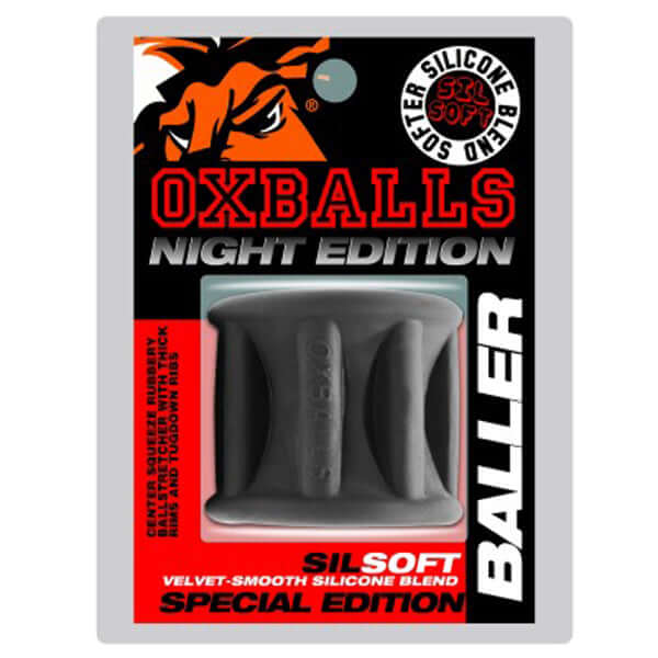 OXBALLS Baller Max Tag Ballstretcher in velvet-black, made from Silsoft silicone, designed for enhanced comfort and stretch.
