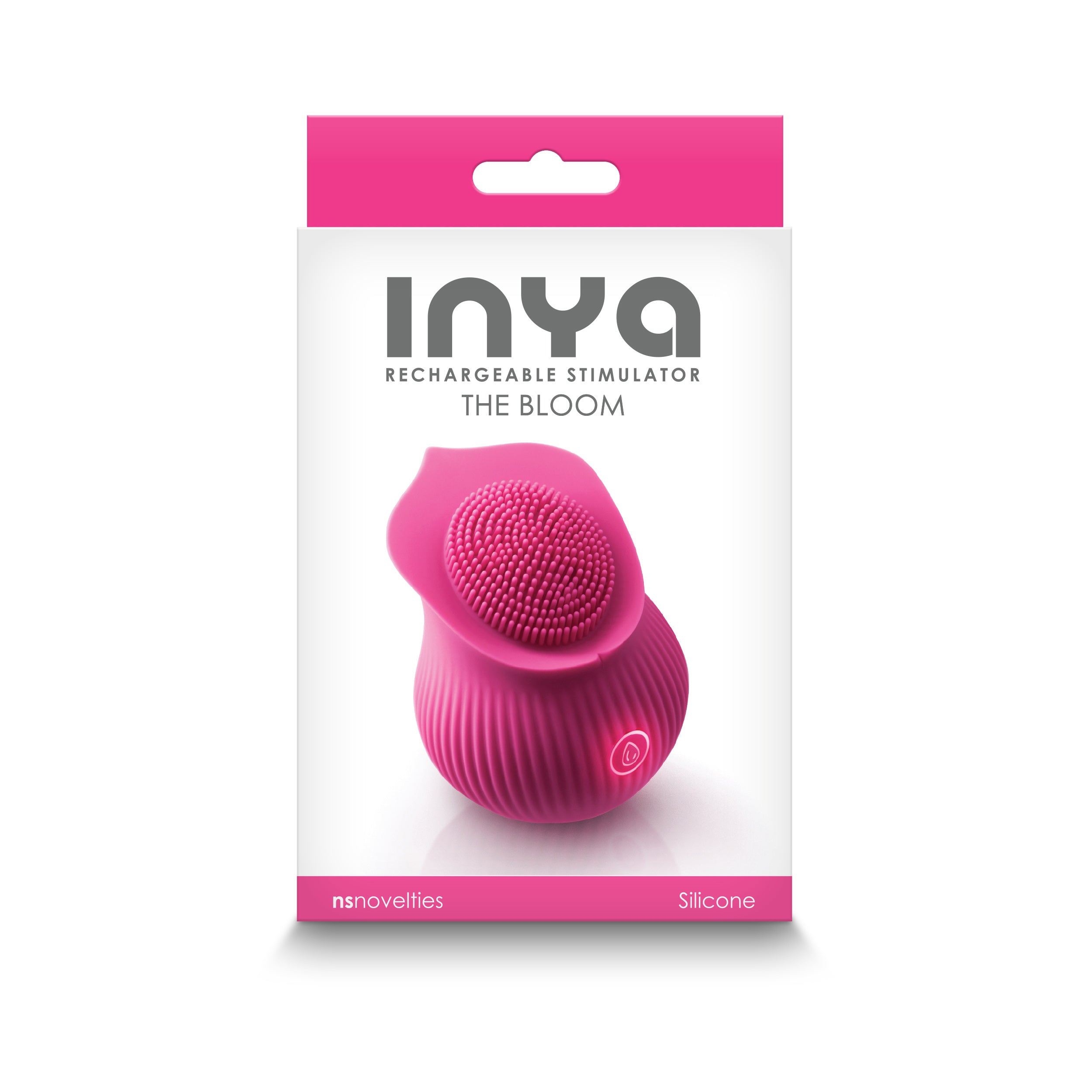 Inya The Bloom Rechargeable Clitoral Stimulator Pink packaging with floral design and soft silicone.