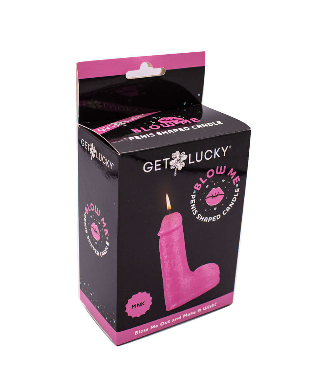 Blow Me Penis Candle Pink in packaging, a novelty candle designed for adult humor and celebrations.