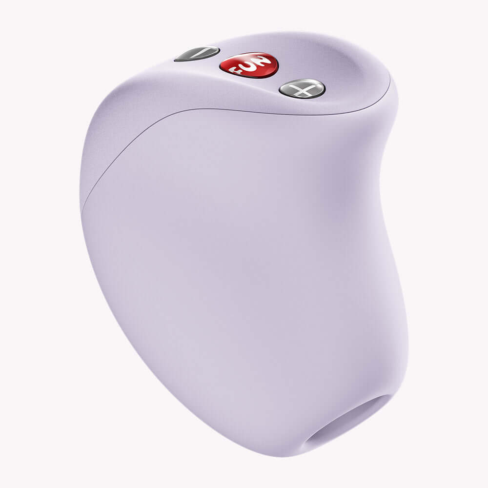 Fun Factory Mea Air Pulse Vibrator Purple viewed from the side, showcasing its sleek design and control buttons.