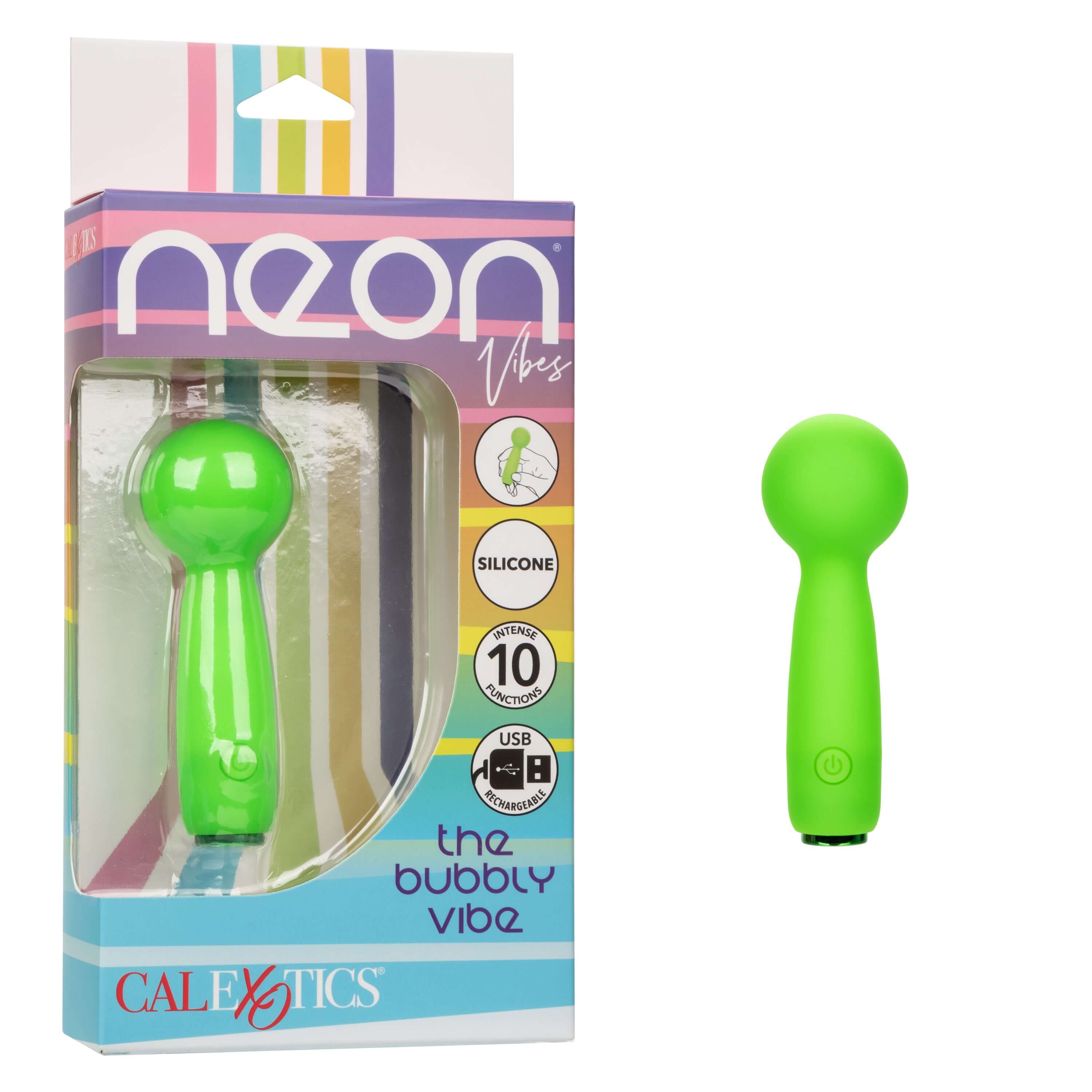 Neon Vibes The Bubbly Vibe in Green Mini Massager in Packaging and Product Displayed.