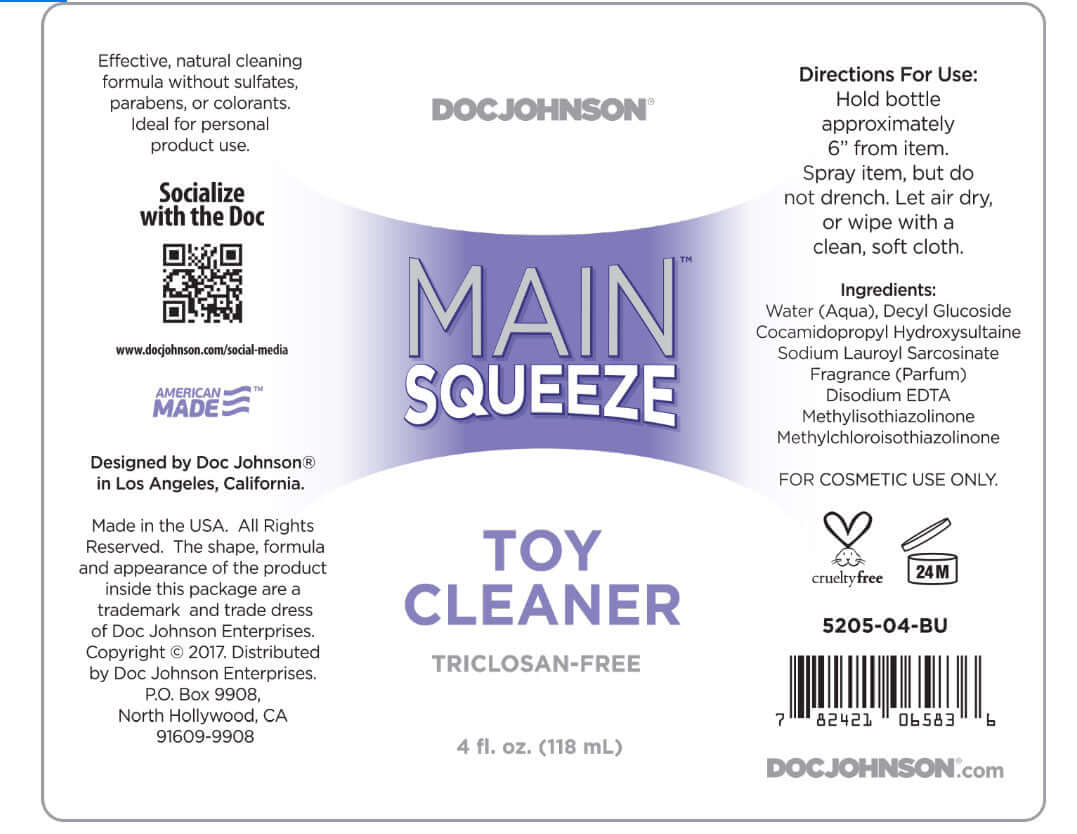 Main Squeeze Toy Cleaner 4 Oz Bulk product label featuring instructions and ingredients for safe use.