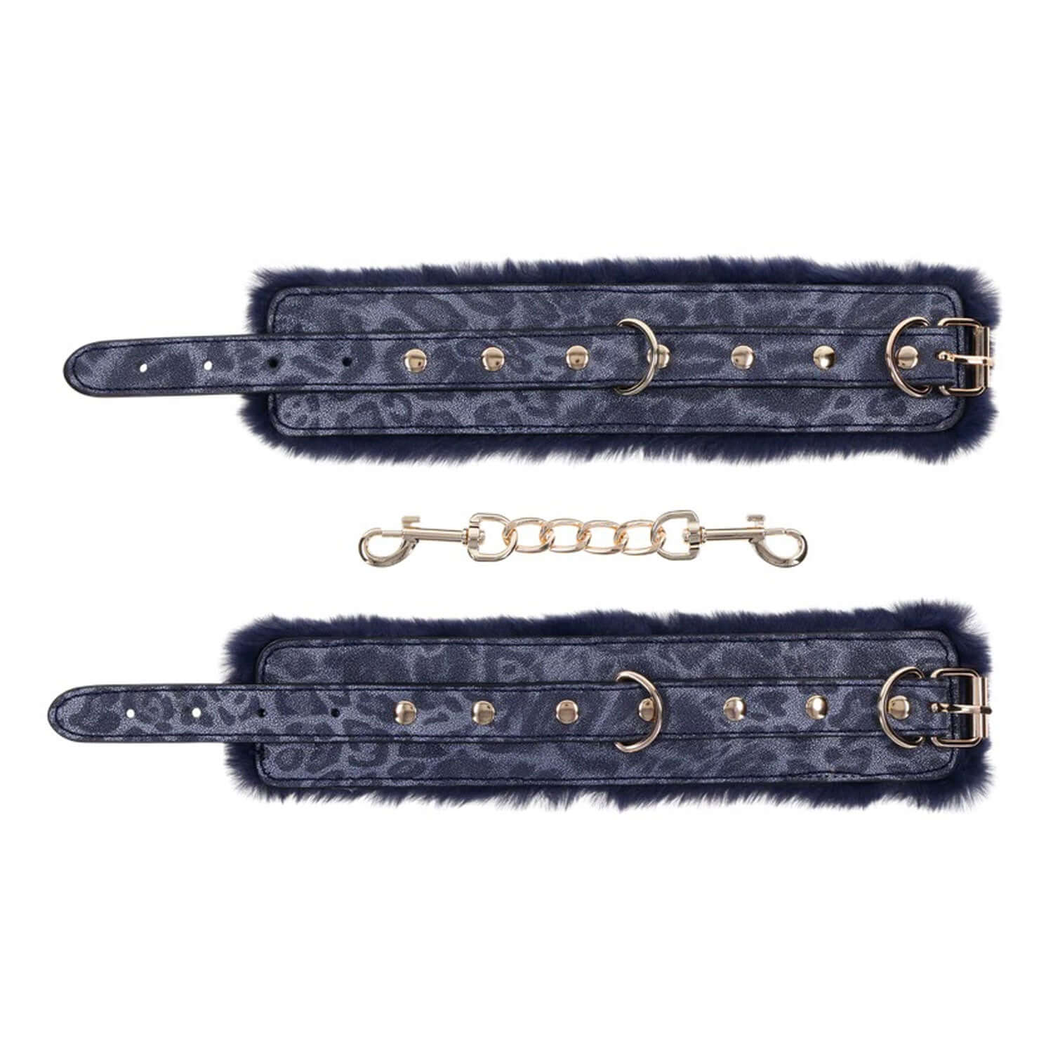 Blue faux fur handcuffs with gold hardware and detachable chain for playful restraint and sophisticated seduction.