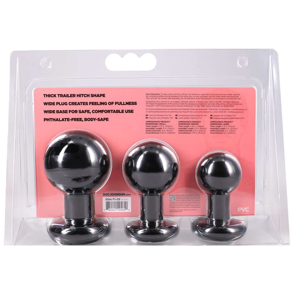 Classic Round Butt Plug Set 3 Piece Black, featuring three graduated sizes and a smooth design for comfort.