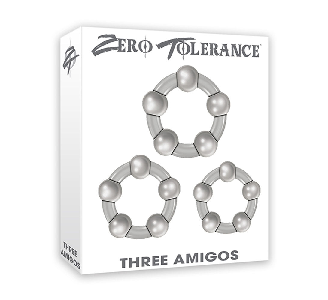 Zero Tolerance Three Amigos Rings packaging featuring three versatile rings for enhanced intimacy.