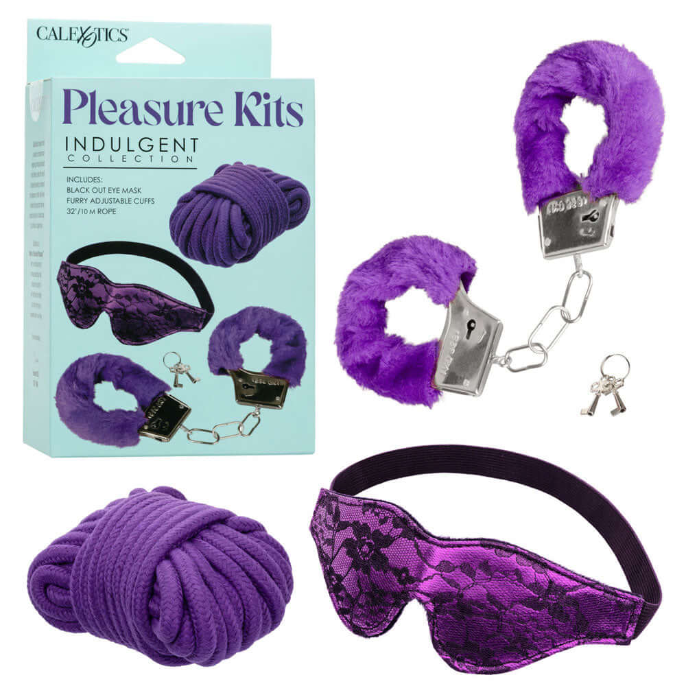 Pleasure Kits Indulgent Collection Purple includes cuffs, blindfold, and rope for intimate exploration.