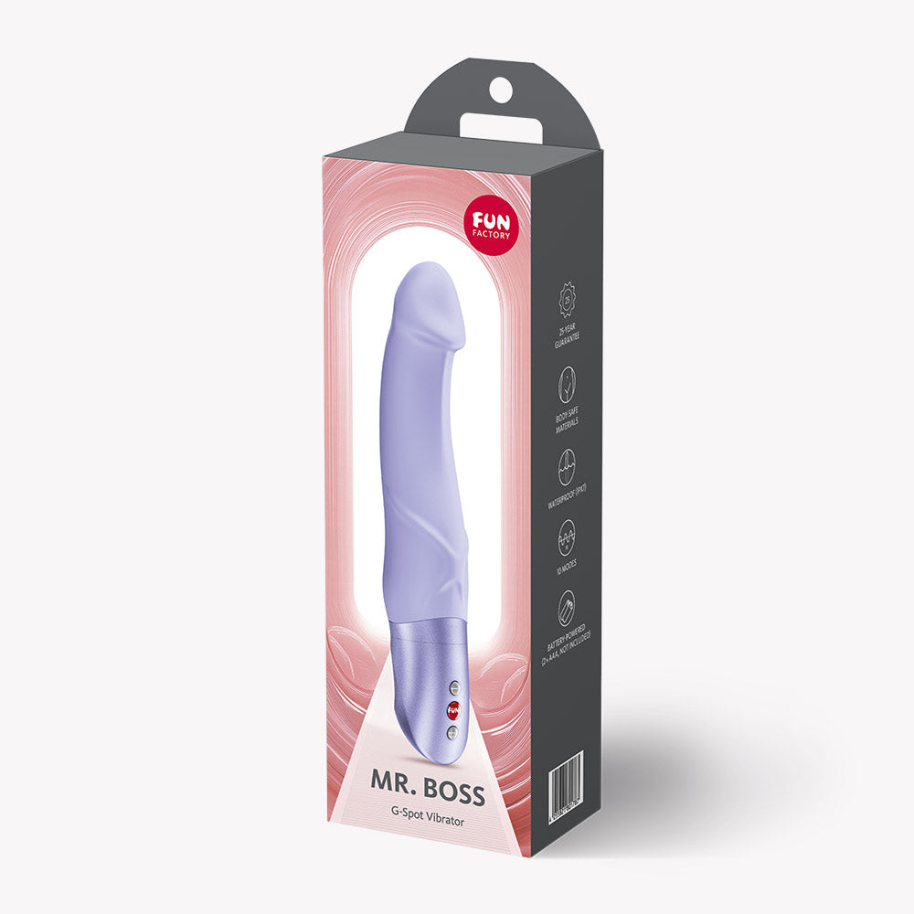 Fun Factory Mr Boss G-Spot Vibrator Purple in packaging showcasing ergonomic design and features.