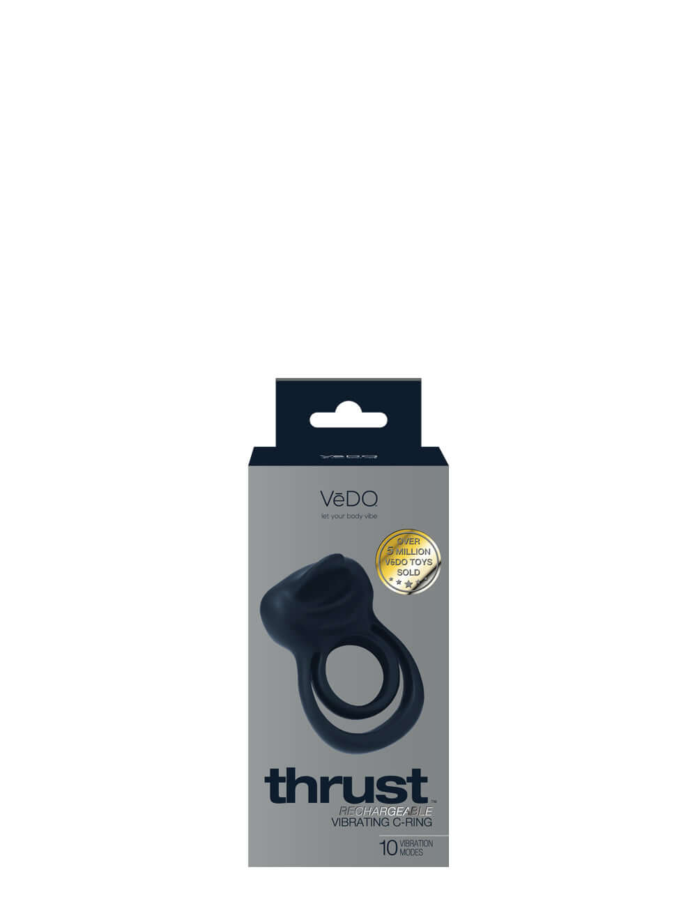 Vedo Thrust Rechargeable Dual C-Ring Black packaging featuring a versatile vibrating ring design.