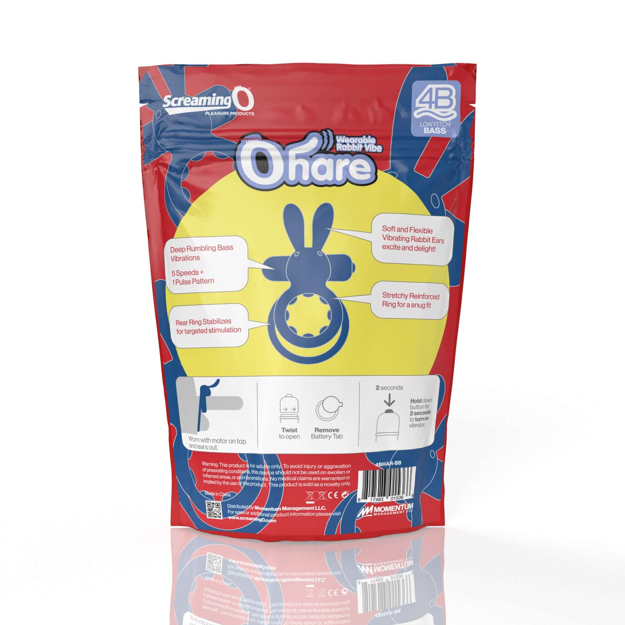 Screaming O 4B Ohare Wearable Rabbit Vibe Blueberry packaging showcasing features and design details.