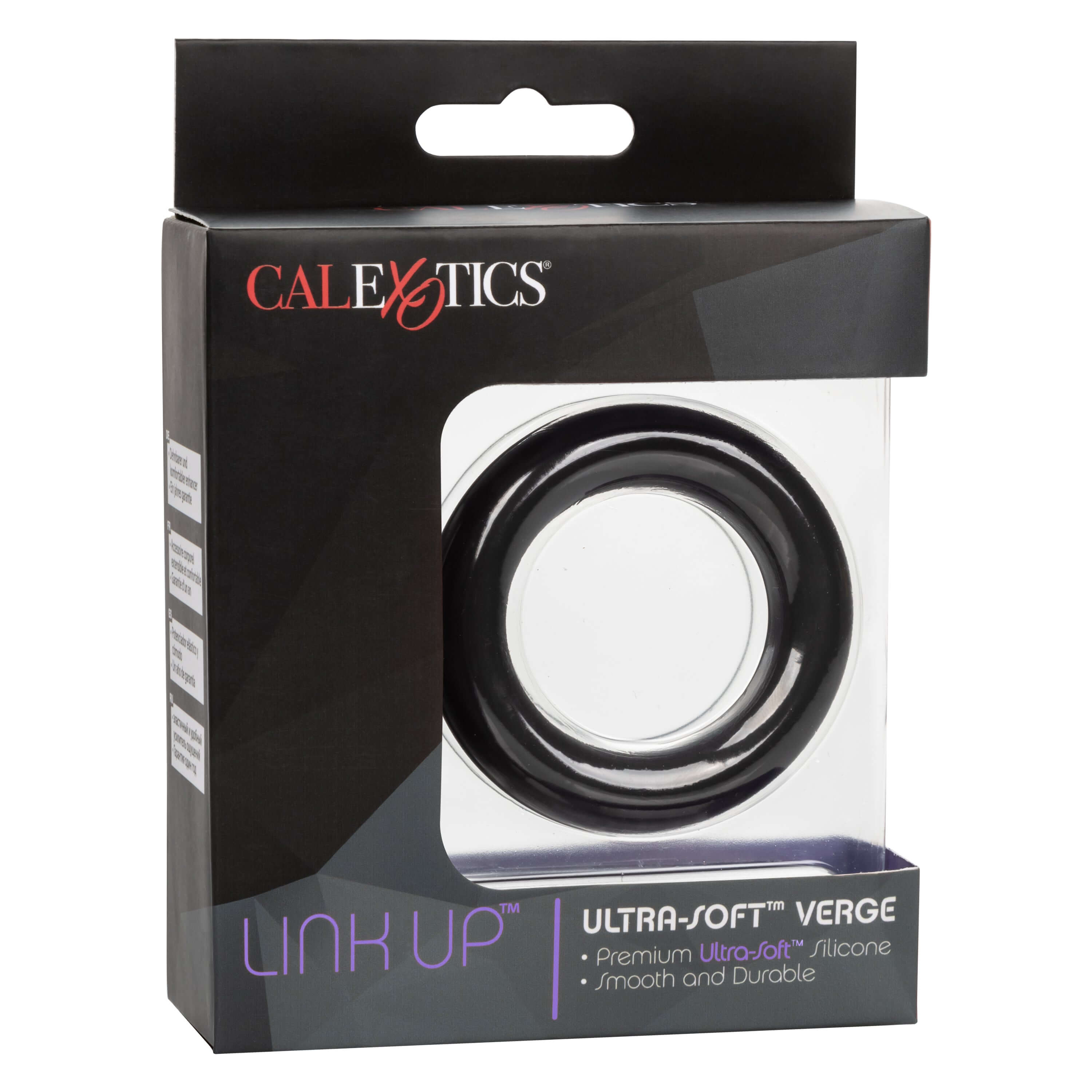 Link Up Ultra Soft Verge Ring Black packaging showcasing premium Ultra-Soft™ silicone design for comfort and support.