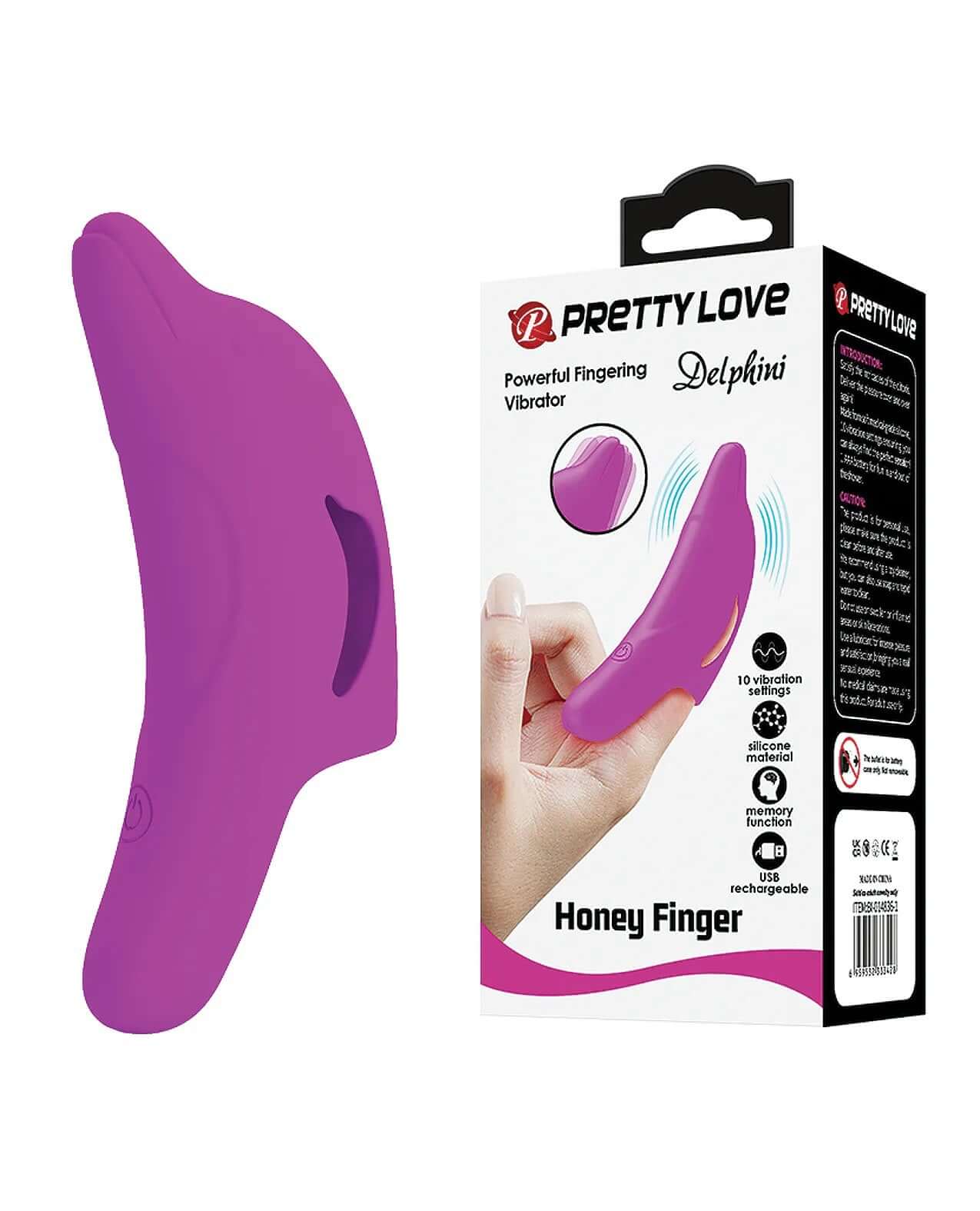 Fuchsia Delphini Dolphin Honey Finger Vibrator and packaging showcasing 10 vibration settings and soft medical grade silicone material.