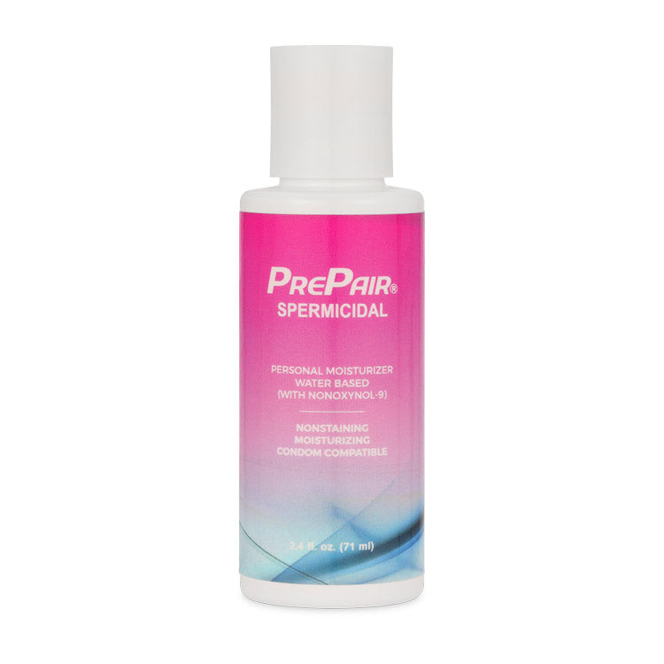 Prepair Spermicidal Lubricant 2.4 Oz bottle with water-based formula, non-staining and condom compatible.