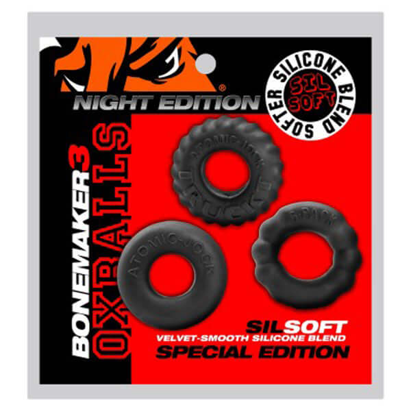 Oxballs Bonemark 3-Pack Boner Cockring Kit featuring three soft silicone designs for enhanced comfort and performance.