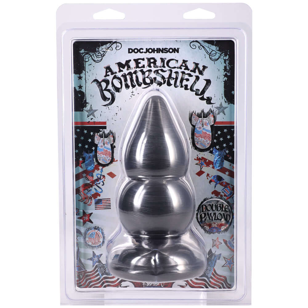 American Bombshell Double Payload Gun Metal Plug Black in packaging with decorative design and branding.