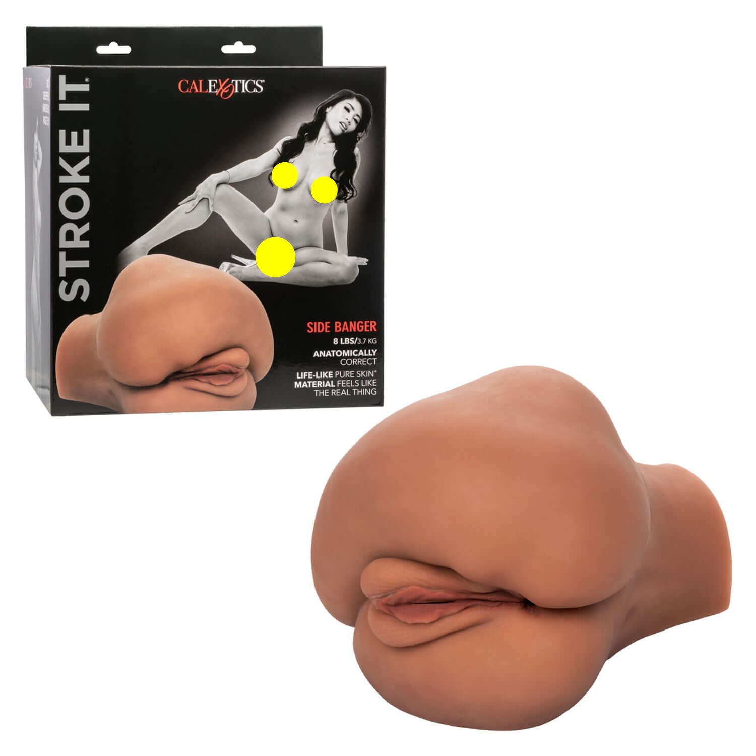 Stroke It Side Banger realistic male masturbator with dual-chamber design, featured alongside packaging.