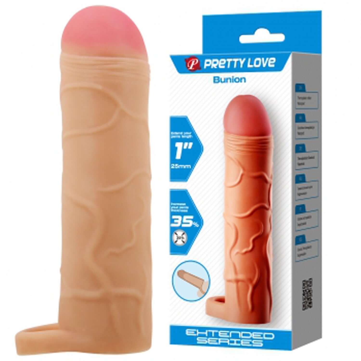 Bunion Extended Penis Sleeve Light, soft stretchy sleeve for enhanced sensation and support, packaged in Pretty Love box.