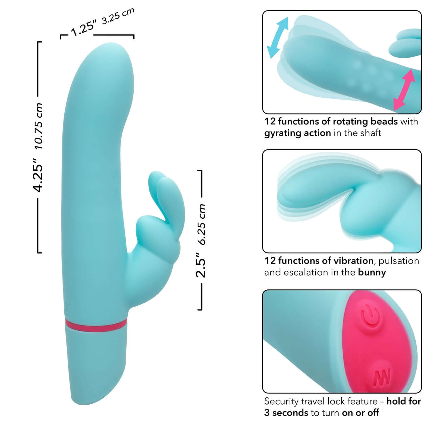 Blue Love Bunny massager with rotating beads and vibrating bunny, features a travel lock for secure use and storage.