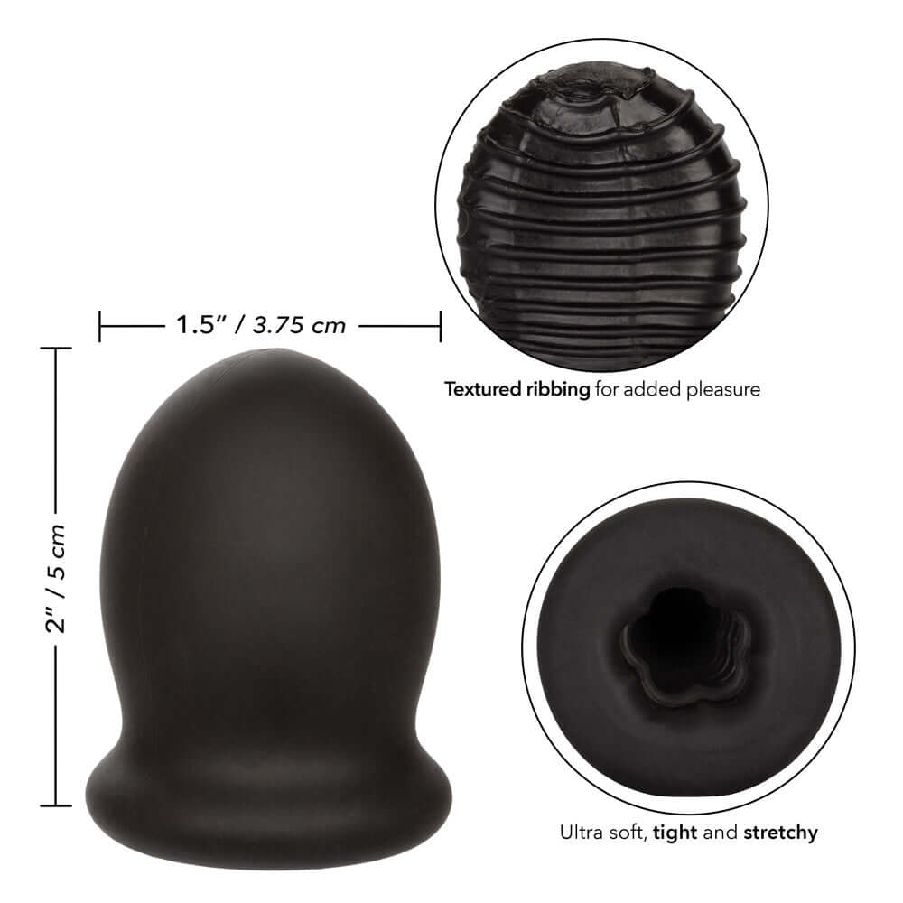 Boundless FTM Stroker 2 Inch 5 Cm with reversible design, black liquid silicone, textured ribbing, and ultra soft, tight, and stretchy texture.