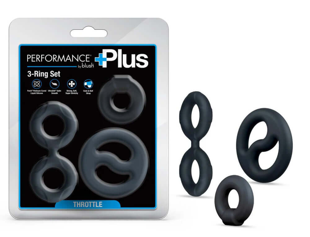 Performance Plus Throttle Silicone Cock Ring Set in packaging with three versatile rings.