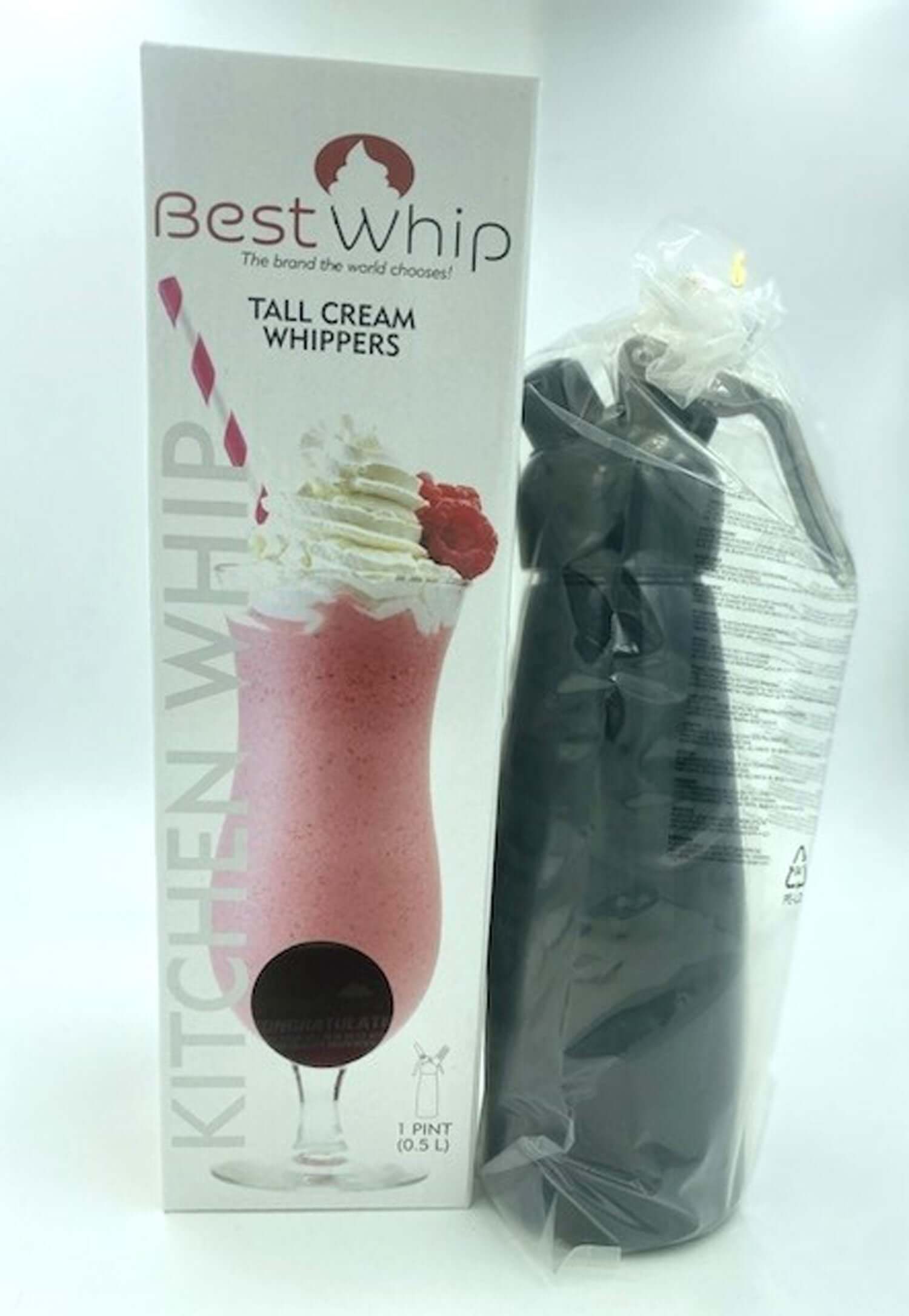 Tall cream whipper 1 pint in black, perfect for whipped cream, mousses, and sauces; keeps contents fresh for 14 days.