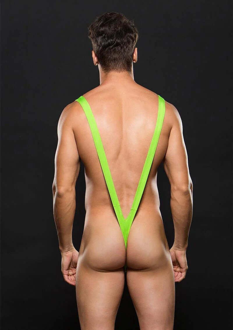 Borat Slingshot Mens Lingerie Small Medium Green worn by a man from the back, showcasing its bold design.
