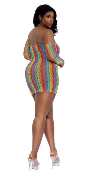 Model wearing Dreamgirl Rainbow Mini With Arm Warmers QS Rainbow showcasing vibrant colors and stylish design from the back.