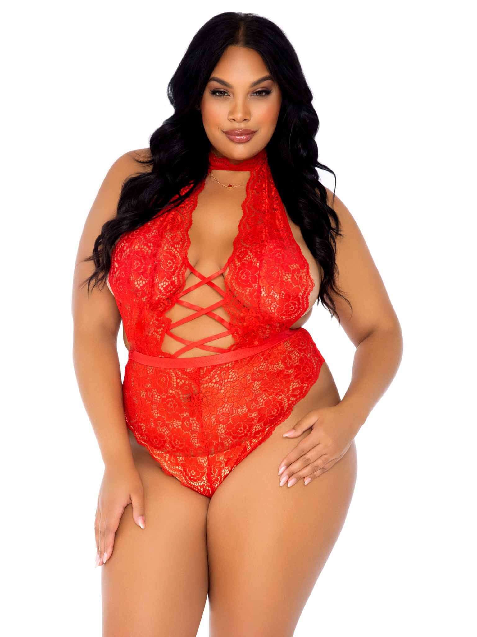 Floral Lace Crotchless Teddy - 1x/2x - Red-5