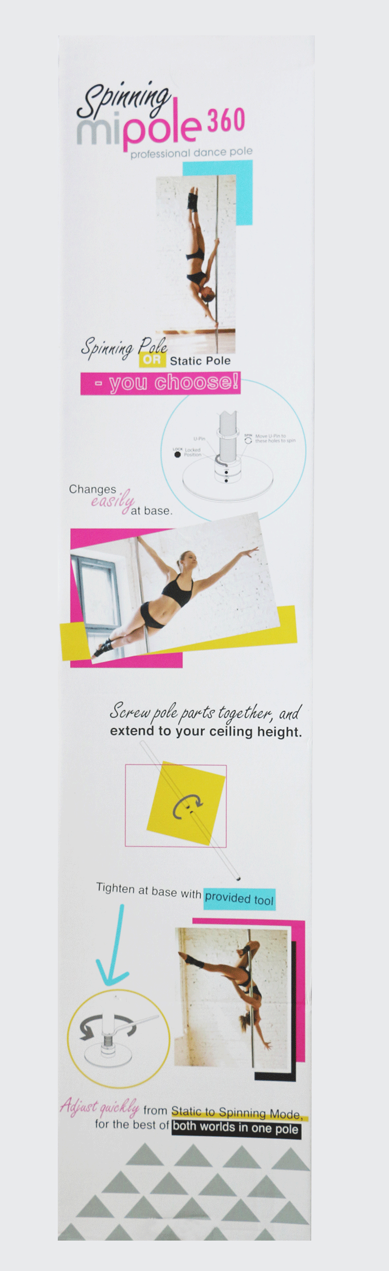 Mipole 360 Spinning Professional Dance Pole infographics showcasing features and assembly instructions for users.
