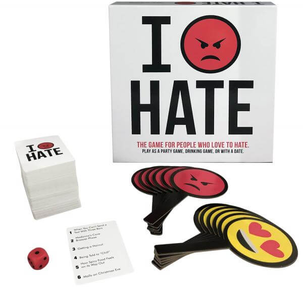 I Hate The Game For People Who Love To Hate box and components including cards and paddles.