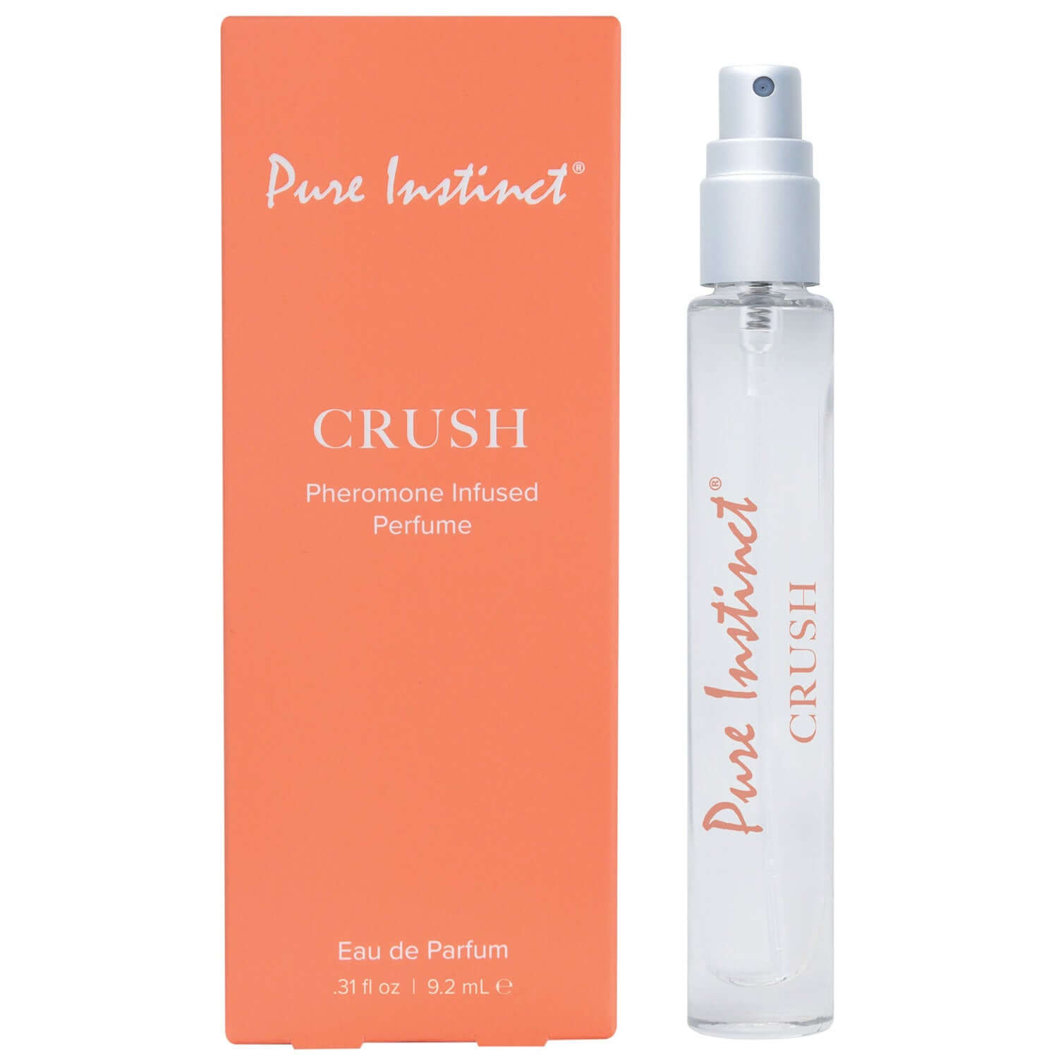 Pure Instinct Pheromone Perfume Spray Crush 9.2 ml bottle and packaging in vibrant orange box