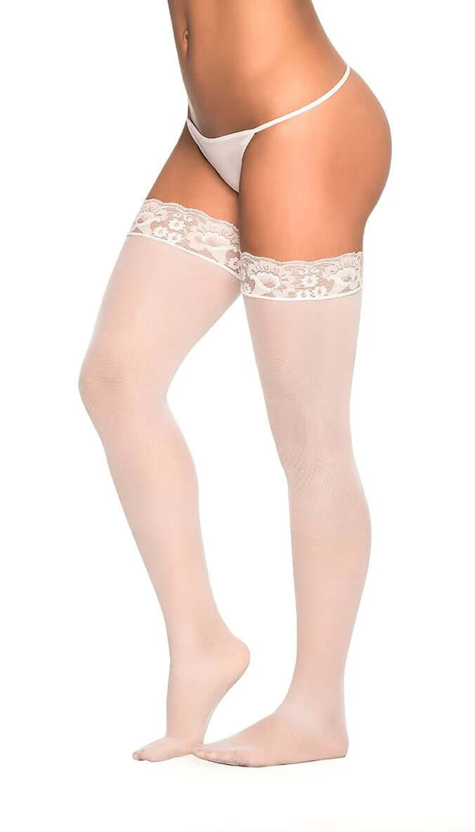 Mesh With Lace Trim Thigh High Stockings - Os - White-0