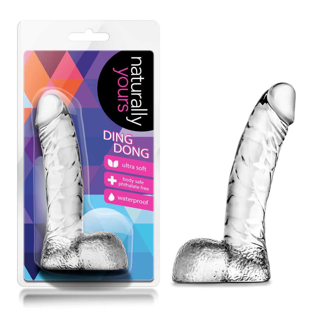 Naturally Yours Ding Dong Clear dildo in packaging, featuring realistic detailing and body-safe material.