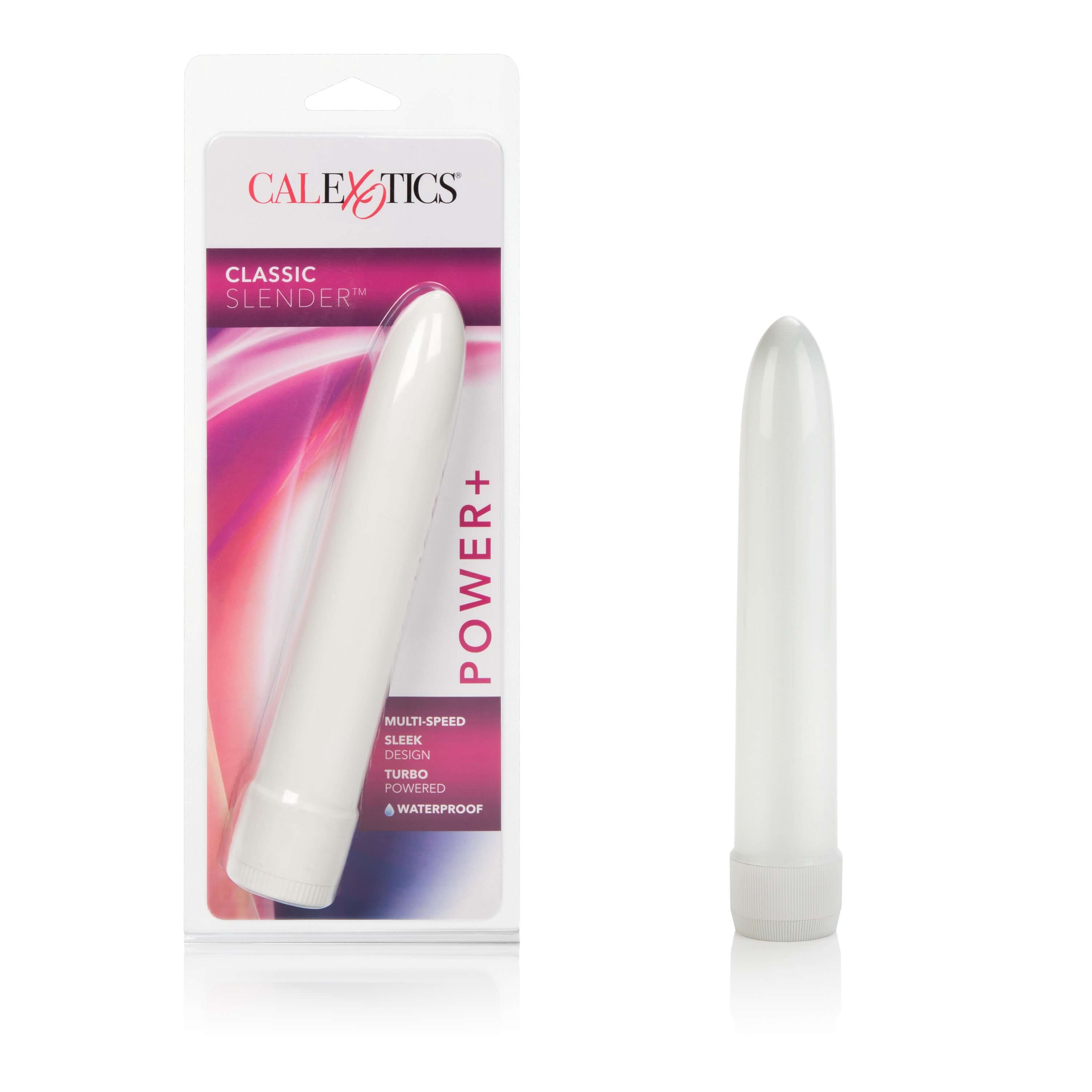 Classic Slender Power Plus Vibrator White in packaging, showcasing its sleek design and powerful features.