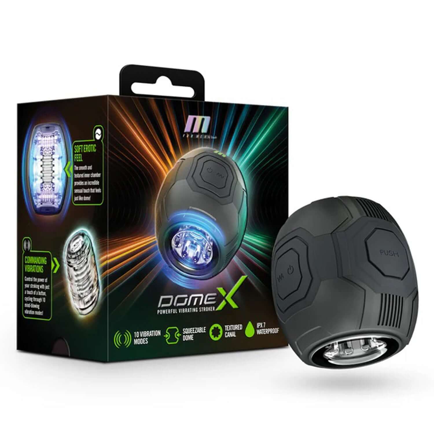 M for Men Dome X Vibrating Masturbator in Black with futuristic design, 10 vibration modes, squeezable grip, and packaging box.