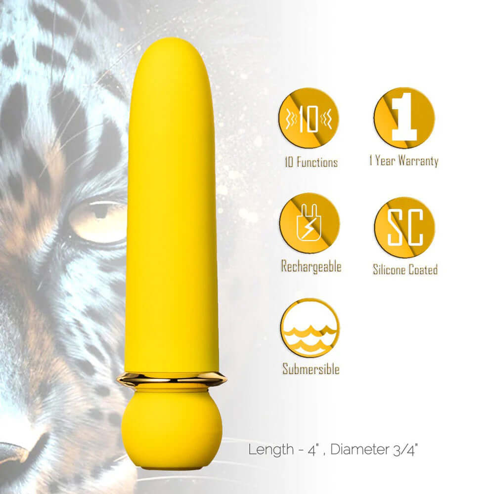Maia Novelties Jaguar yellow silicon-coated bullet vibrator with 10 functions, rechargeable, submersible, and 1-year warranty.