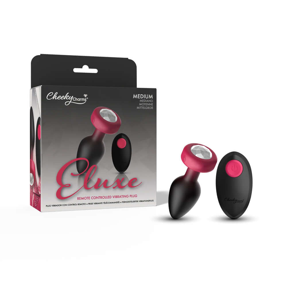 Cheeky Charms Eluxe Vibrating Anal Plug Ruby packaging with remote control and sleek design.